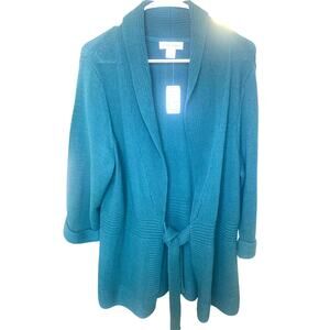 Christopher & Banks Long Open Front Sweater XL Womens Green Belt Knit Collar NEW